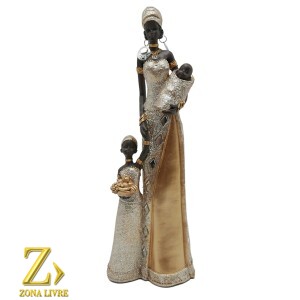 ESCULTURA EM RESINA IMPORTADA AFRICANA COM CRIANÇAS 32CM