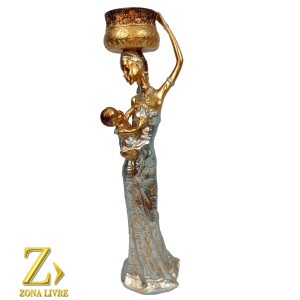 ESCULTURA EM RESINA IMPORTADA AFRICANA COM CRIANÇA DE COLO 30CM