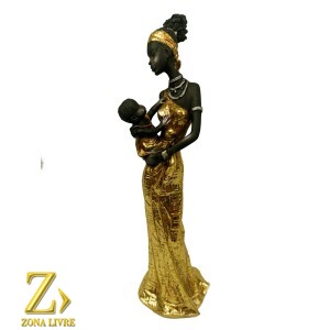 ESCULTURA EM RESINA IMPORTADA AFRICANA COM CRIANÇA DE COLO 29CM DOURADA