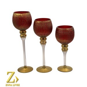 JOGO 3 CASTAÇAIS DE VIDRO VERMELHO GOLD 30 / 35 / 40 CM