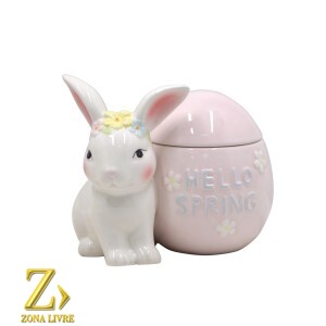 POTE COELHO/OVO ROSA DE CERÂMICA 14X13CM