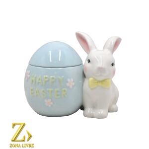 POTE COELHO/OVO AZUL DE CERÂMICA 14X13CM